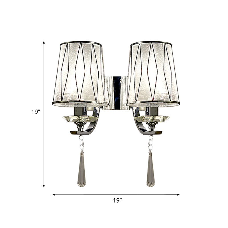 1/2-Bulb Wall Lighting Fixture Modern Diamond-Pattern Barrel PVC Wall Lamp in Chrome with K9 Crystal Drop Clearhalo 'Modern wall lights' 'Modern' 'Wall Lamps & Sconces' 'Wall Lights' Lighting' 966071
