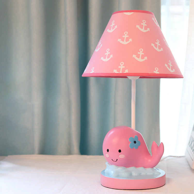 Cartoon Whale Small Desk Lamp Resin 1 Light Bedroom Nightstand Light with Barrel Fabric Shade in Pink Clearhalo 'Lamps' 'Table Lamps' Lighting' 966123