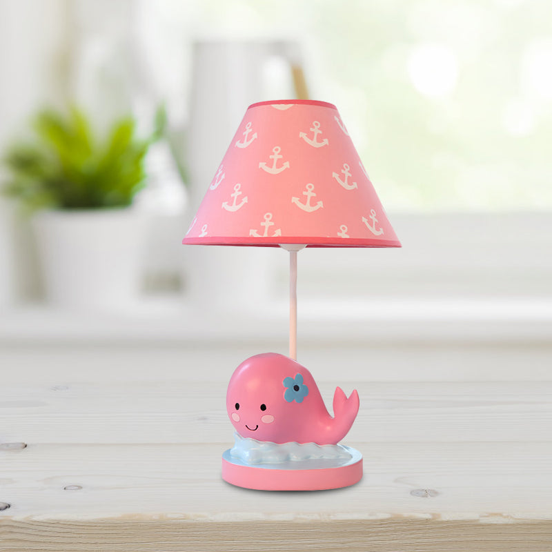 Cartoon Whale Small Desk Lamp Resin 1 Light Bedroom Nightstand Light with Barrel Fabric Shade in Pink Clearhalo 'Lamps' 'Table Lamps' Lighting' 966124