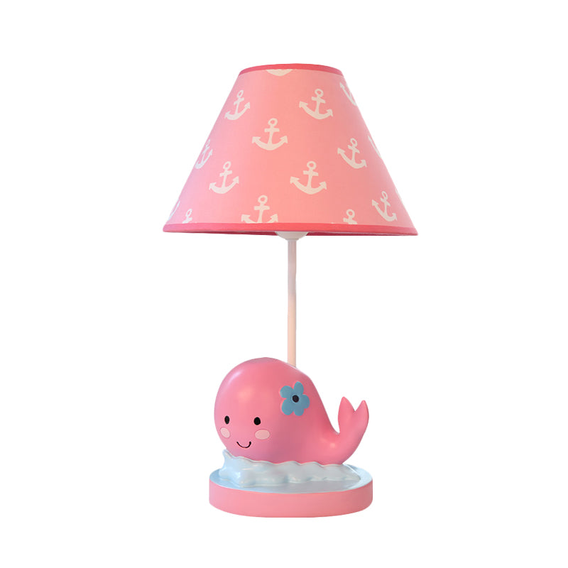 Cartoon Whale Small Desk Lamp Resin 1 Light Bedroom Nightstand Light with Barrel Fabric Shade in Pink Clearhalo 'Lamps' 'Table Lamps' Lighting' 966125