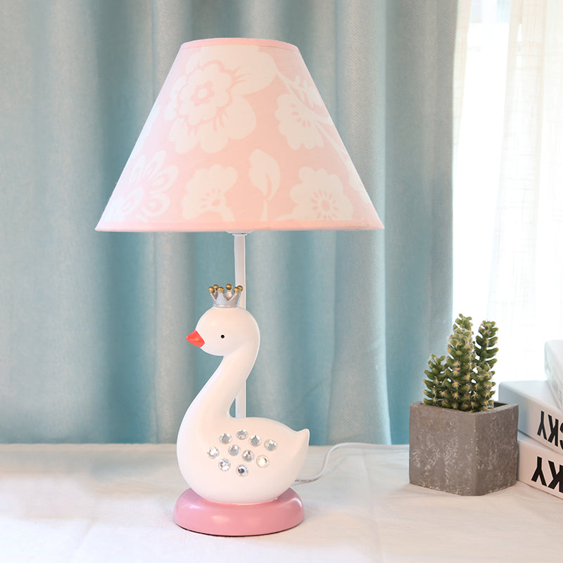 White Goose Night Light Cartoon 1 Bulb Resin Reading Lamp with Barrel Fabric Shade for Bedroom Clearhalo 'Lamps' 'Table Lamps' Lighting' 966128