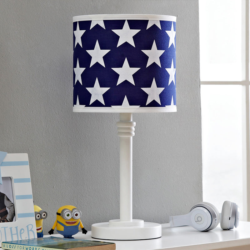 Wood Drum Shape Tall Table Lamp with Star Pattern Modern 1 Head Blue Night Light Blue Clearhalo 'Lamps' 'Table Lamps' Lighting' 966223