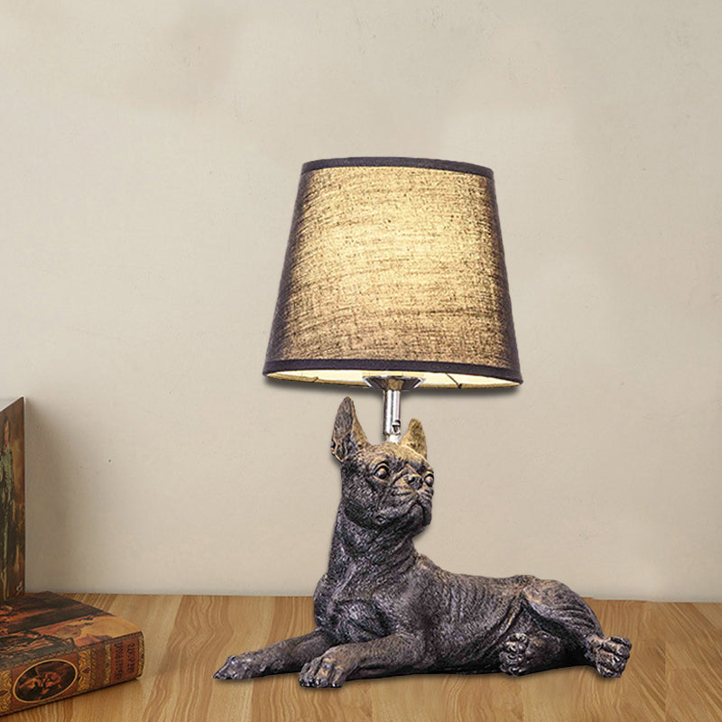 Sitting/Standing Dog Night Table Light Creative Resin 1 Head Black Table Lighting with Barrel Fabric Shade for Bedroom Clearhalo 'Lamps' 'Table Lamps' Lighting' 966309