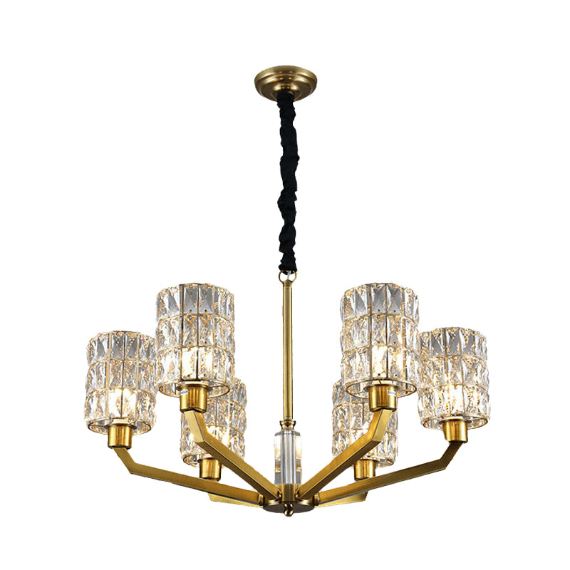 6 Heads Bedroom Pendant Chandelier Modernism Gold Hanging Light Fixture with Cylinder Crystal Shade Clearhalo 'Ceiling Lights' 'Chandeliers' 'Modern Chandeliers' 'Modern' Lighting' 966408