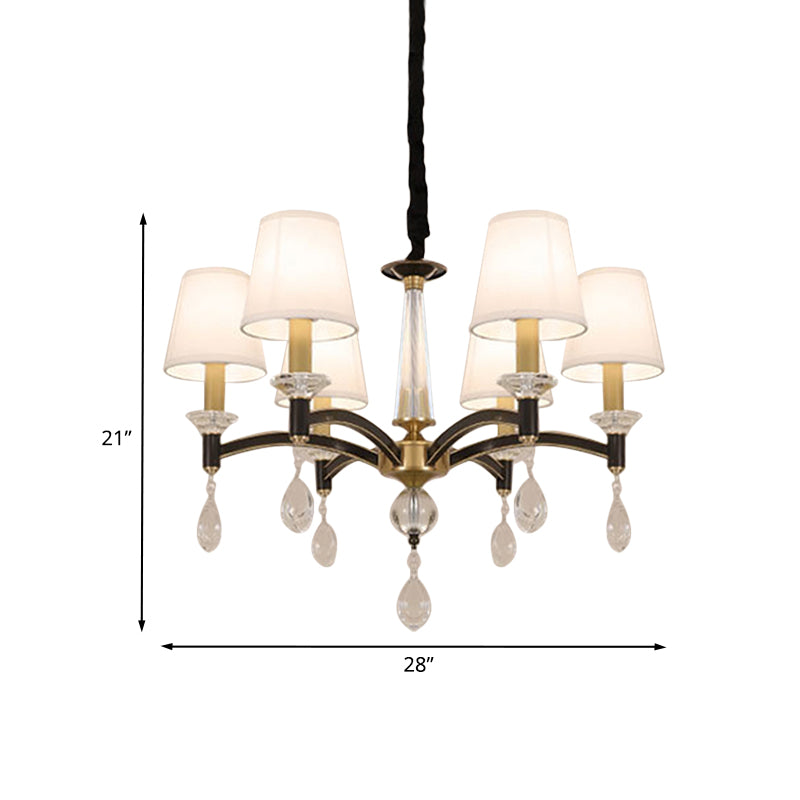 Conical Fabric Hanging Chandelier Vintage 6-Bulb Dining Room Pendant Light Fixture in White with Crystal Accent Clearhalo 'Ceiling Lights' 'Chandeliers' Lighting' options 966419