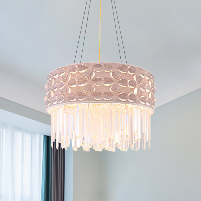 Minimal Drum Chandelier Light Flute Crystal 4 Heads Dining Room Pendant Lamp in White Clearhalo 'Ceiling Lights' 'Chandeliers' 'Modern Chandeliers' 'Modern' Lighting' 966421