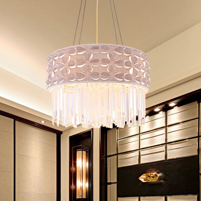 Minimal Drum Chandelier Light Flute Crystal 4 Heads Dining Room Pendant Lamp in White Clearhalo 'Ceiling Lights' 'Chandeliers' 'Modern Chandeliers' 'Modern' Lighting' 966422