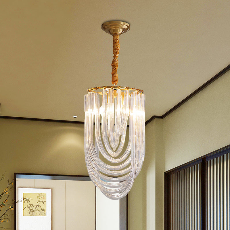Gold Half-Oval Pendant Light Fixture Modern Style 3 Heads Clear Twisted Crystal Chandelier Lighting Clearhalo 'Ceiling Lights' 'Chandeliers' 'Clear' 'Industrial' 'Modern Chandeliers' 'Modern' 'Tiffany' 'Traditional Chandeliers' Lighting' 966431
