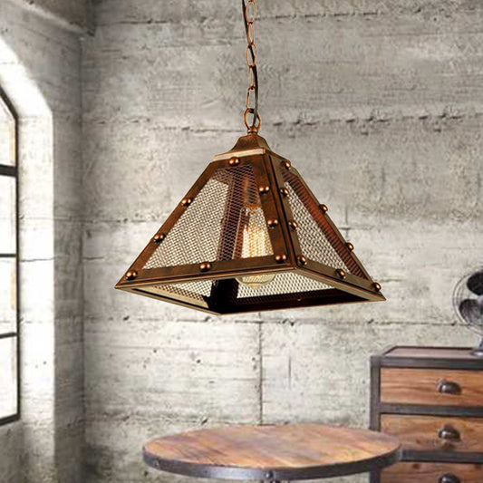 1 Head Mesh Pyramid Shade Pendant Light Farmhouse Style Dark Rust Metal Hanging Lamp with Rivets Deco Rust Clearhalo 'Art Deco Pendants' 'Cast Iron' 'Ceiling Lights' 'Ceramic' 'Crystal' 'Industrial Pendants' 'Industrial' 'Metal' 'Middle Century Pendants' 'Pendant Lights' 'Pendants' 'Tiffany' Lighting' 96830