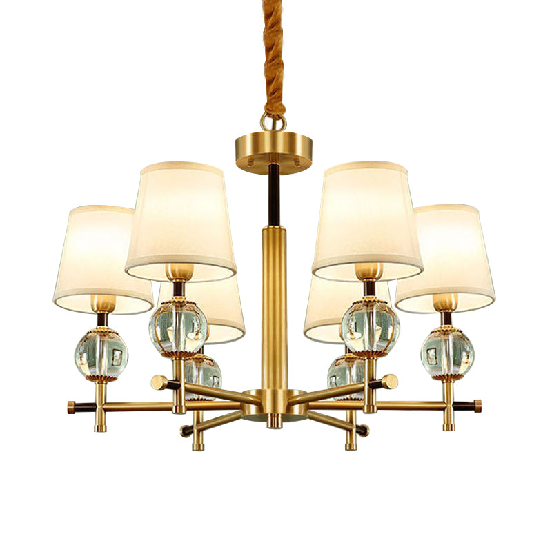 Conic Bedroom Chandelier Lamp Fabric 6 Heads Contemporary Ceiling Pendant in Brass with Crystal Accent Clearhalo 'Ceiling Lights' 'Chandeliers' 'Modern Chandeliers' 'Modern' Lighting' 968374