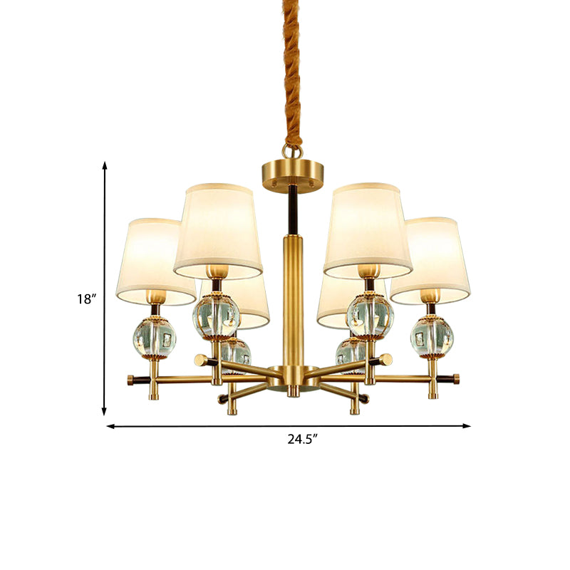 Conic Bedroom Chandelier Lamp Fabric 6 Heads Contemporary Ceiling Pendant in Brass with Crystal Accent Clearhalo 'Ceiling Lights' 'Chandeliers' 'Modern Chandeliers' 'Modern' Lighting' 968375