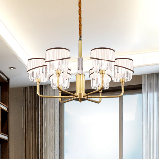 Minimal Drum Clear Crystal Pendant Lamp 3/6-Light Chandelier Lighting Fixture in Brass with Fabric Shade 6 Brass Clearhalo 'Ceiling Lights' 'Chandeliers' 'Modern Chandeliers' 'Modern' Lighting' 968376