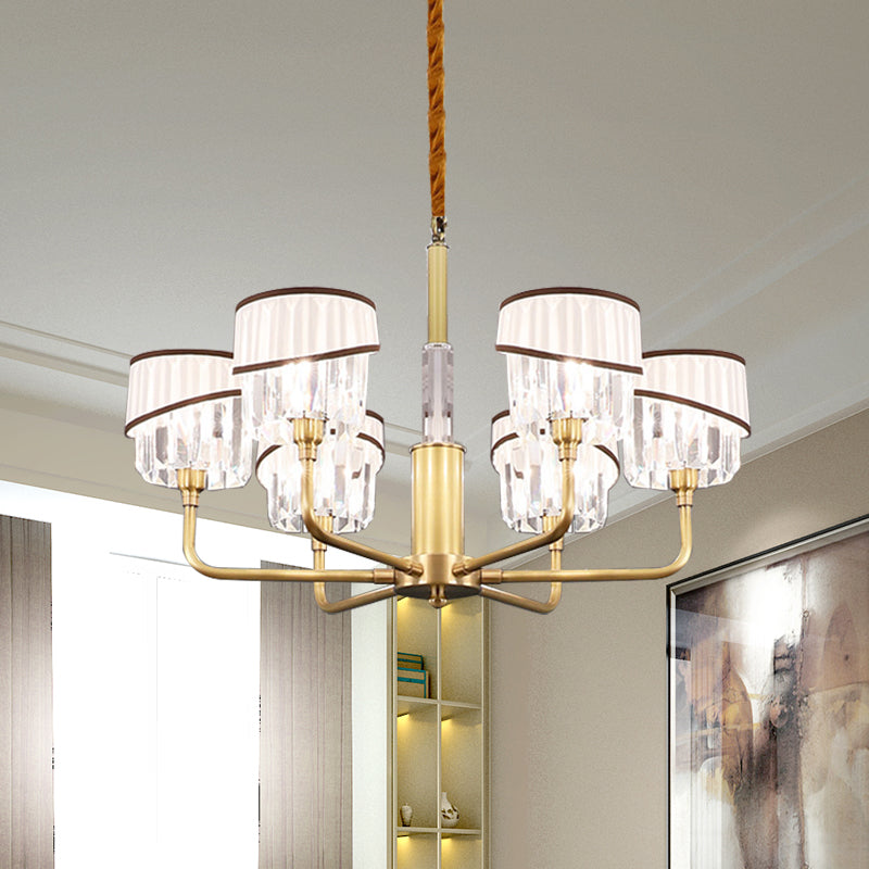 Minimal Drum Clear Crystal Pendant Lamp 3/6-Light Chandelier Lighting Fixture in Brass with Fabric Shade Clearhalo 'Ceiling Lights' 'Chandeliers' 'Modern Chandeliers' 'Modern' Lighting' 968377