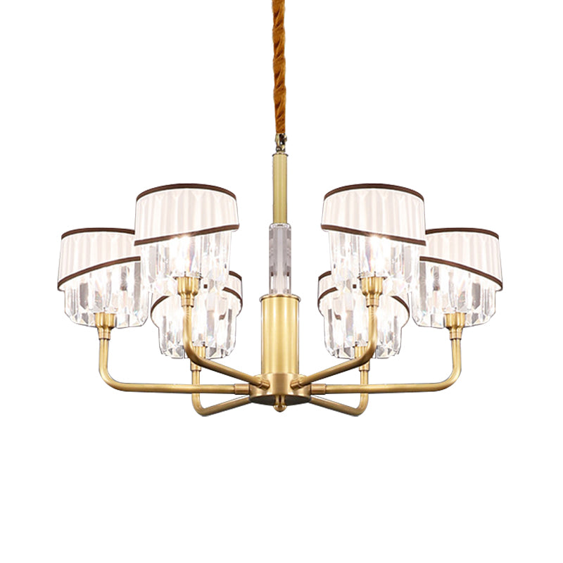 Minimal Drum Clear Crystal Pendant Lamp 3/6-Light Chandelier Lighting Fixture in Brass with Fabric Shade Clearhalo 'Ceiling Lights' 'Chandeliers' 'Modern Chandeliers' 'Modern' Lighting' 968378