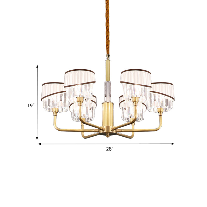 Minimal Drum Clear Crystal Pendant Lamp 3/6-Light Chandelier Lighting Fixture in Brass with Fabric Shade Clearhalo 'Ceiling Lights' 'Chandeliers' 'Modern Chandeliers' 'Modern' Lighting' 968379