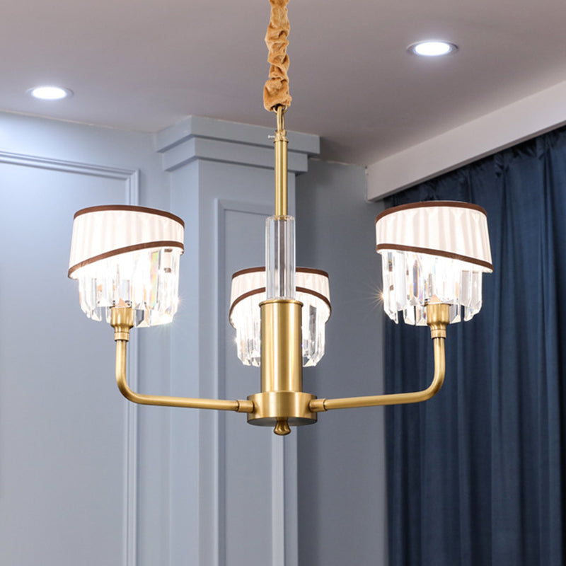 Minimal Drum Clear Crystal Pendant Lamp 3/6-Light Chandelier Lighting Fixture in Brass with Fabric Shade 3 Brass Clearhalo 'Ceiling Lights' 'Chandeliers' 'Modern Chandeliers' 'Modern' Lighting' 968380