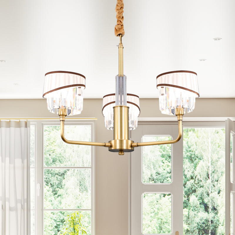 Minimal Drum Clear Crystal Pendant Lamp 3/6-Light Chandelier Lighting Fixture in Brass with Fabric Shade Clearhalo 'Ceiling Lights' 'Chandeliers' 'Modern Chandeliers' 'Modern' Lighting' 968381