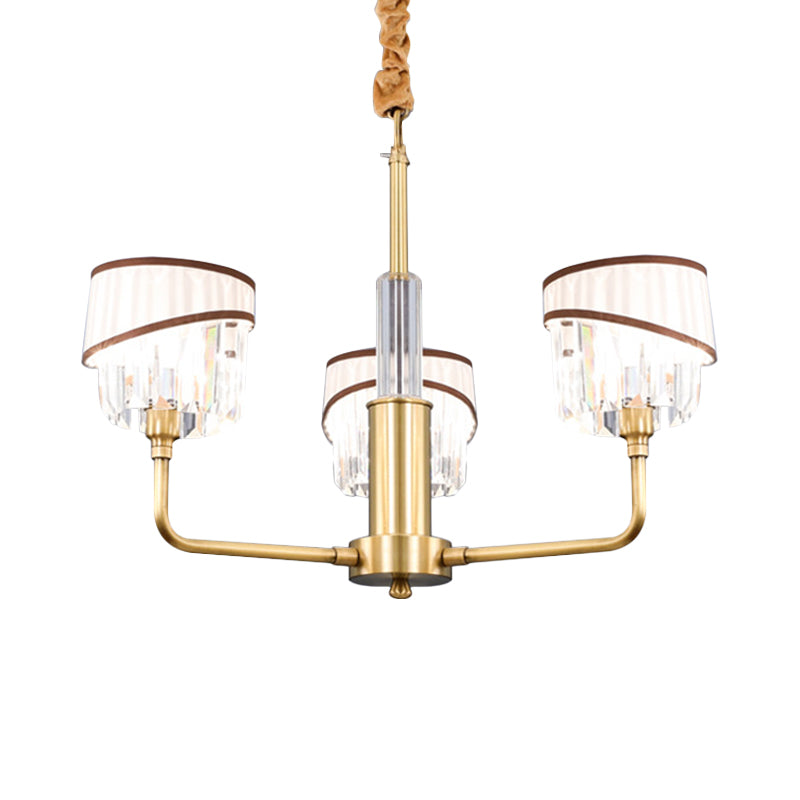 Minimal Drum Clear Crystal Pendant Lamp 3/6-Light Chandelier Lighting Fixture in Brass with Fabric Shade Clearhalo 'Ceiling Lights' 'Chandeliers' 'Modern Chandeliers' 'Modern' Lighting' 968382
