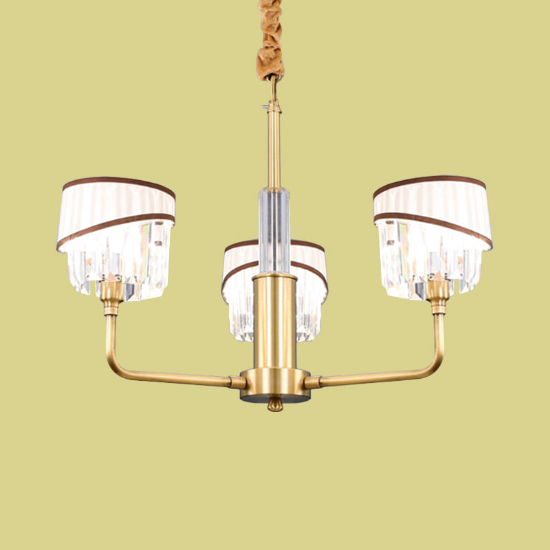 Minimal Drum Clear Crystal Pendant Lamp 3/6-Light Chandelier Lighting Fixture in Brass with Fabric Shade Clearhalo 'Ceiling Lights' 'Chandeliers' 'Modern Chandeliers' 'Modern' Lighting' 968383