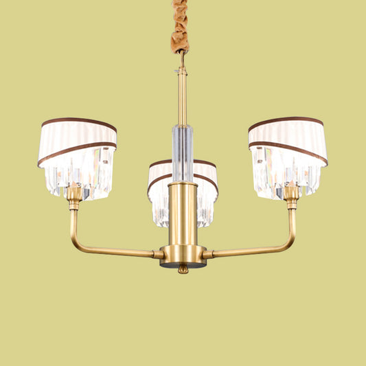 Minimal Drum Clear Crystal Pendant Lamp 3/6-Light Chandelier Lighting Fixture in Brass with Fabric Shade Clearhalo 'Ceiling Lights' 'Chandeliers' 'Modern Chandeliers' 'Modern' Lighting' 968383