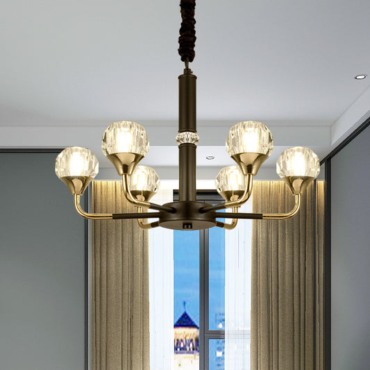 6/8 Heads Living Room Suspension Lamp Modern Black and Gold Chandelier Light Fixture with Ball Crystal Shade 6 Black-Gold Clearhalo 'Ceiling Lights' 'Chandeliers' 'Modern Chandeliers' 'Modern' Lighting' 968385