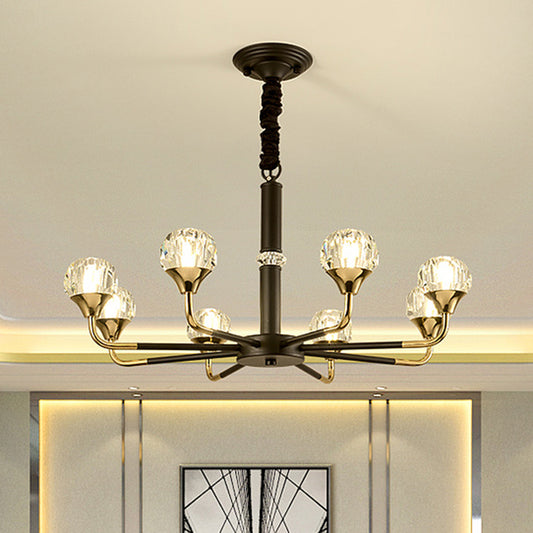 6/8 Heads Living Room Suspension Lamp Modern Black and Gold Chandelier Light Fixture with Ball Crystal Shade 8 Black-Gold Clearhalo 'Ceiling Lights' 'Chandeliers' 'Modern Chandeliers' 'Modern' Lighting' 968389