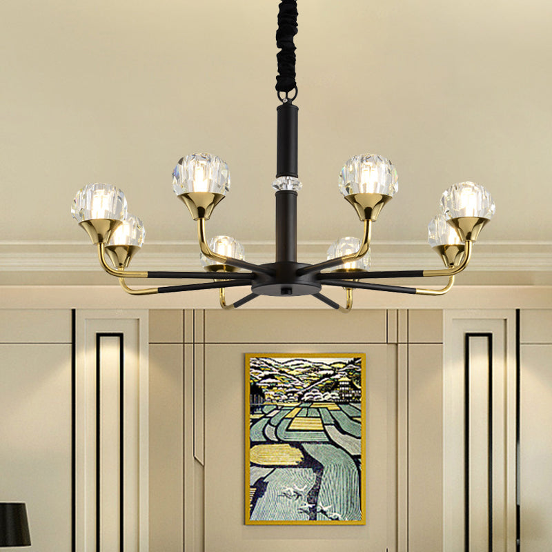 6/8 Heads Living Room Suspension Lamp Modern Black and Gold Chandelier Light Fixture with Ball Crystal Shade Clearhalo 'Ceiling Lights' 'Chandeliers' 'Modern Chandeliers' 'Modern' Lighting' 968390