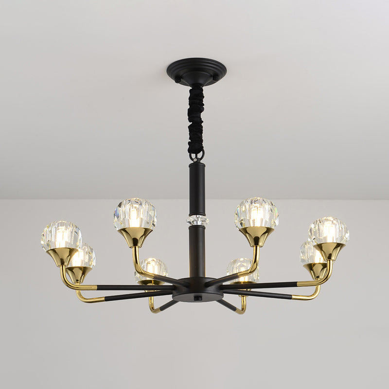 6/8 Heads Living Room Suspension Lamp Modern Black and Gold Chandelier Light Fixture with Ball Crystal Shade Clearhalo 'Ceiling Lights' 'Chandeliers' 'Modern Chandeliers' 'Modern' Lighting' 968392