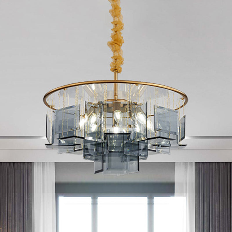 Smoke Gray Crystal Square Chandelier Lamp Contemporary 8 Lights Ceiling Pendant with Circle Design Clearhalo 'Ceiling Lights' 'Chandeliers' 'Modern Chandeliers' 'Modern' Lighting' 968425