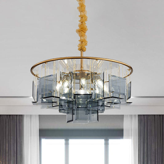 Smoke Gray Crystal Square Chandelier Lamp Contemporary 8 Lights Ceiling Pendant with Circle Design Clearhalo 'Ceiling Lights' 'Chandeliers' 'Modern Chandeliers' 'Modern' Lighting' 968425