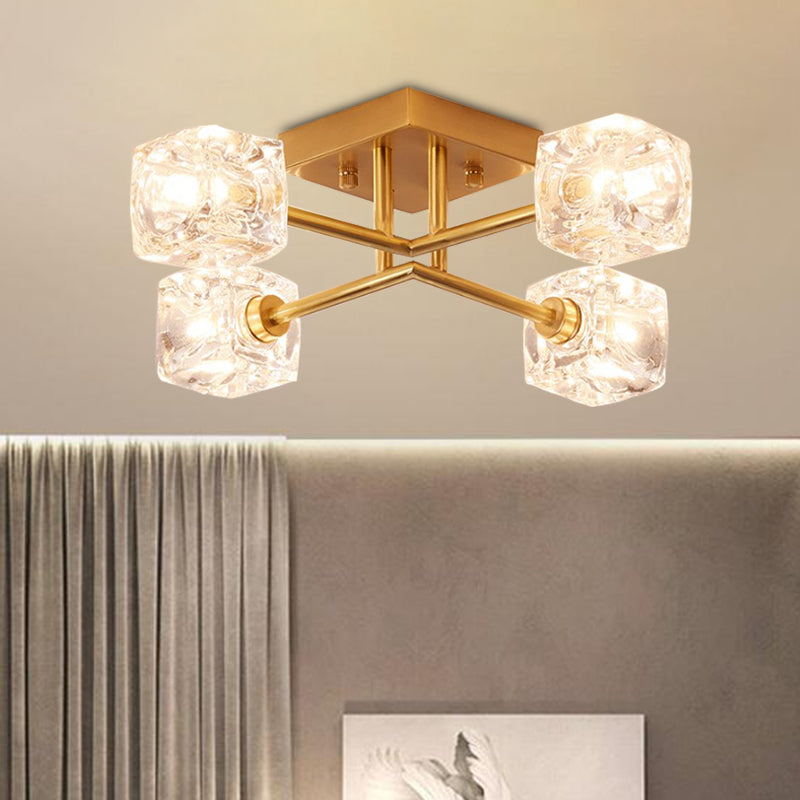 Contemporary Square Semi Flush Clear Crystal 4/6-Light Bedroom Ceiling Light Fixture in Brass Clearhalo 'Ceiling Lights' 'Close To Ceiling Lights' 'Close to ceiling' 'Semi-flushmount' Lighting' 968457