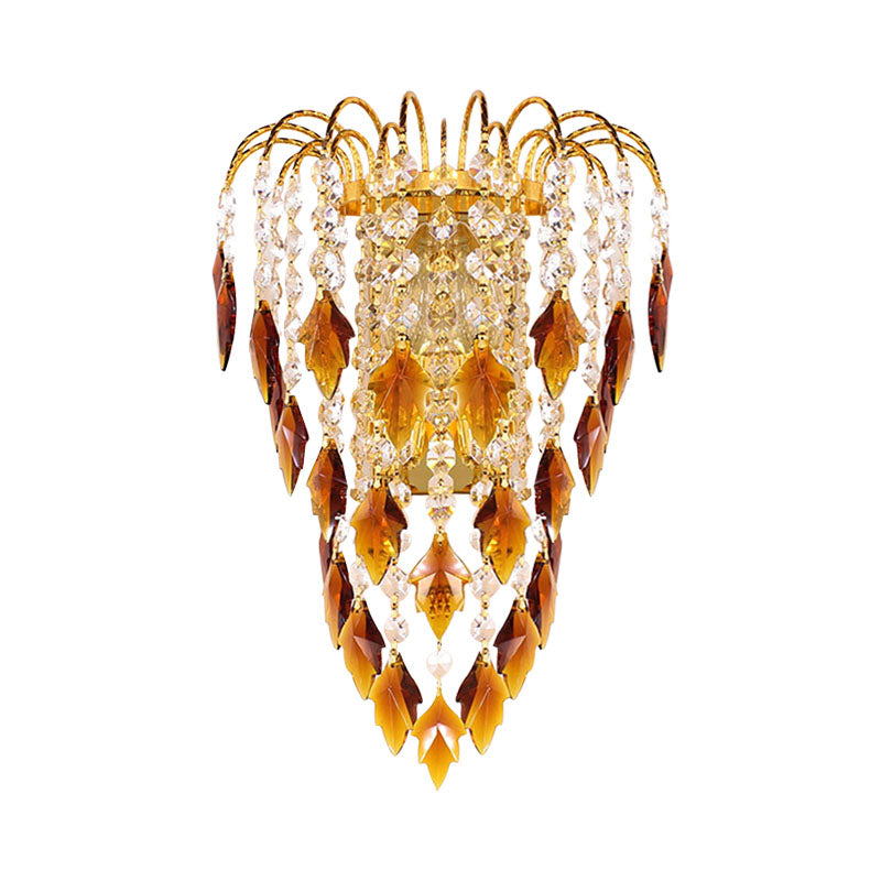 Modern 2-Light Wall Lighting Brass Finish Curved Wall Mounted Lamp with Tan/Blue Crystal Shade Clearhalo 'Modern wall lights' 'Modern' 'Wall Lamps & Sconces' 'Wall Lights' Lighting' 968532