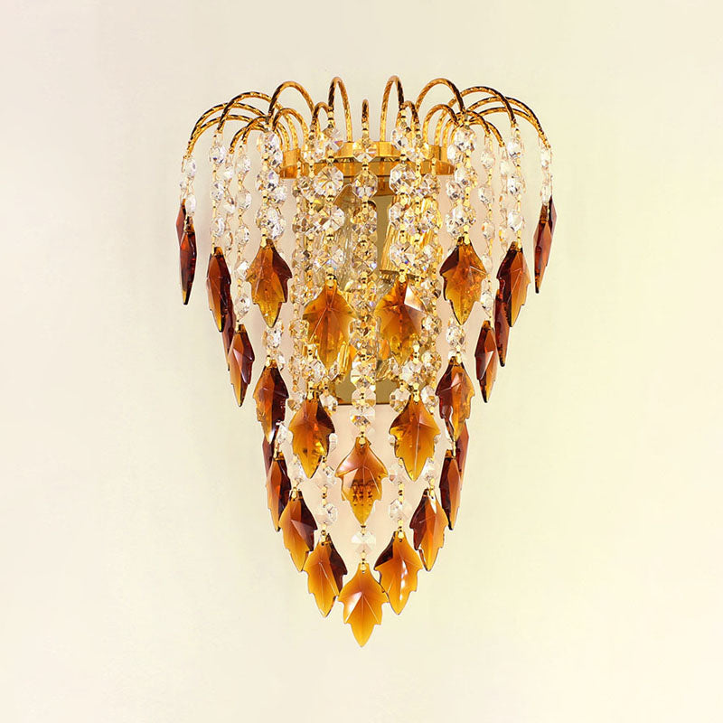 Modern 2-Light Wall Lighting Brass Finish Curved Wall Mounted Lamp with Tan/Blue Crystal Shade Clearhalo 'Modern wall lights' 'Modern' 'Wall Lamps & Sconces' 'Wall Lights' Lighting' 968533