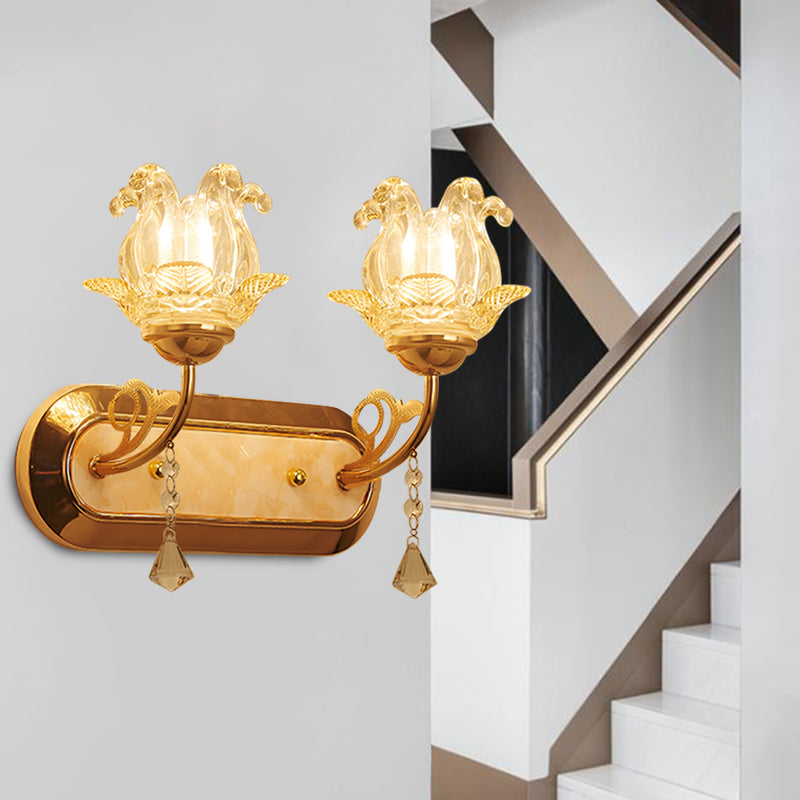 Simplicity Blossom Crystal Wall Lighting Fixture 1/2-Light Wall Mounted Lamp in Gold with Curved Arm 2.0 Gold Clearhalo 'Modern wall lights' 'Modern' 'Wall Lamps & Sconces' 'Wall Lights' Lighting' 968547