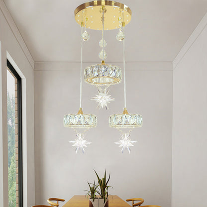 Circular Multi Pendant Light Simple Style Crystal 3 Heads Gold Finish Ceiling Hang Fixture with Star Design Gold Clearhalo 'Ceiling Lights' 'Modern Pendants' 'Modern' 'Pendant Lights' 'Pendants' Lighting' 968577