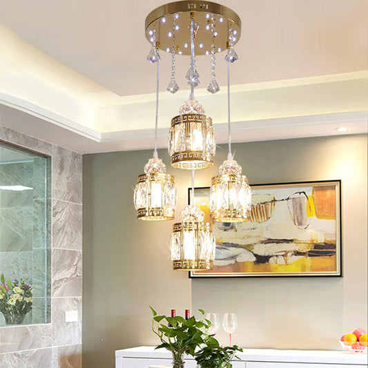 Minimalist 4 Bulbs Pendant Lighting Fixture Gold Cylinder Multi Ceiling Lamp with Crystal Shade Clearhalo 'Ceiling Lights' 'Modern Pendants' 'Modern' 'Pendant Lights' 'Pendants' Lighting' 968590