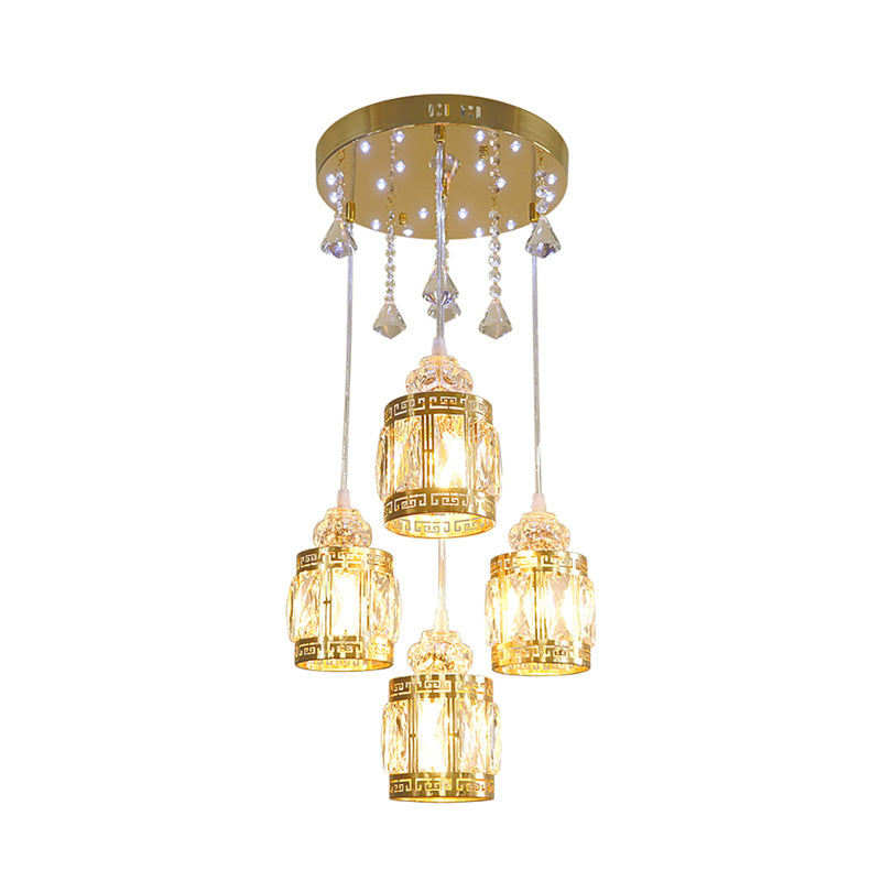 Minimalist 4 Bulbs Pendant Lighting Fixture Gold Cylinder Multi Ceiling Lamp with Crystal Shade Clearhalo 'Ceiling Lights' 'Modern Pendants' 'Modern' 'Pendant Lights' 'Pendants' Lighting' 968591