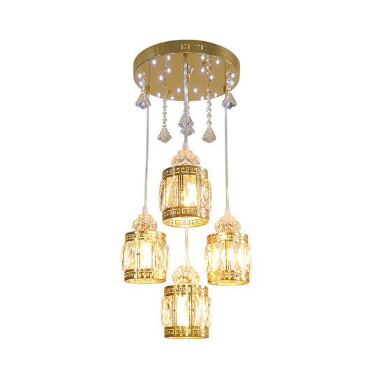 Minimalist 4 Bulbs Pendant Lighting Fixture Gold Cylinder Multi Ceiling Lamp with Crystal Shade Clearhalo 'Ceiling Lights' 'Modern Pendants' 'Modern' 'Pendant Lights' 'Pendants' Lighting' 968591