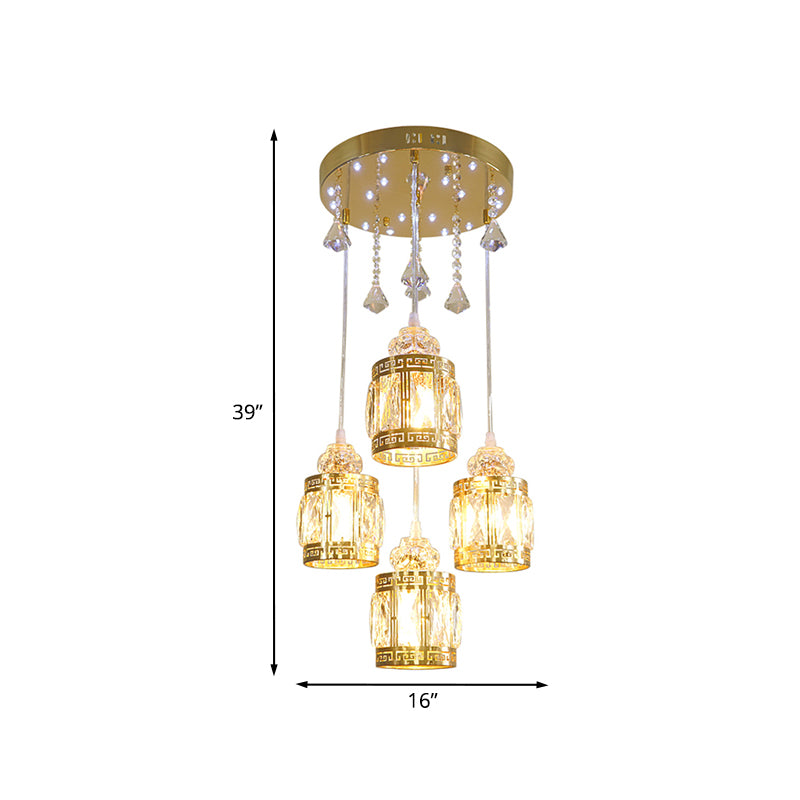 Minimalist 4 Bulbs Pendant Lighting Fixture Gold Cylinder Multi Ceiling Lamp with Crystal Shade Clearhalo 'Ceiling Lights' 'Modern Pendants' 'Modern' 'Pendant Lights' 'Pendants' Lighting' 968592