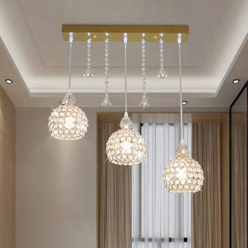 Globe Corridor Multi Pendant Light Crystal 3 Lights Contemporary Style Ceiling Suspension Lamp in Gold Gold Clearhalo 'Ceiling Lights' 'Modern Pendants' 'Modern' 'Pendant Lights' 'Pendants' Lighting' 968593