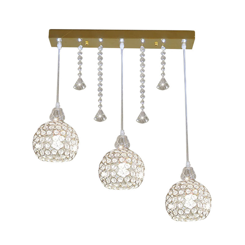 Globe Corridor Multi Pendant Light Crystal 3 Lights Contemporary Style Ceiling Suspension Lamp in Gold Clearhalo 'Ceiling Lights' 'Modern Pendants' 'Modern' 'Pendant Lights' 'Pendants' Lighting' 968595