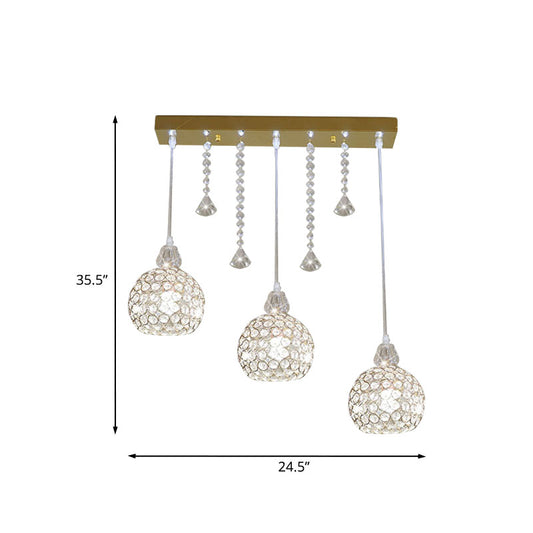 Globe Corridor Multi Pendant Light Crystal 3 Lights Contemporary Style Ceiling Suspension Lamp in Gold Clearhalo 'Ceiling Lights' 'Modern Pendants' 'Modern' 'Pendant Lights' 'Pendants' Lighting' 968596