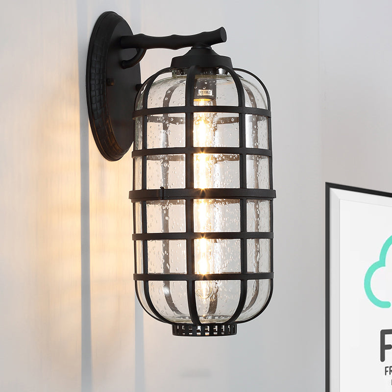 Caged Seedy Glass Wall Mounted Lamp Industrial Single Bulb Outdoor Sconce Light in Black/Bronze, 5.5"/6"/8" Wide Clearhalo 'Art deco wall lights' 'Cast Iron' 'Glass' 'Industrial wall lights' 'Industrial' 'Middle century wall lights' 'Modern' 'Rustic wall lights' 'Tiffany' 'Traditional wall lights' 'Wall Lamps & Sconces' 'Wall Lights' Lighting' 968864