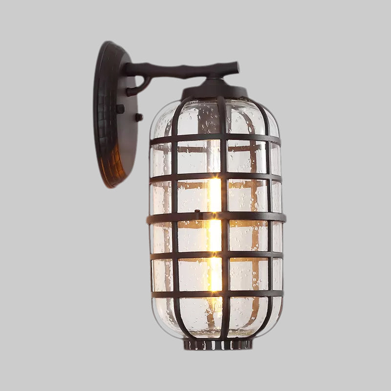 Caged Seedy Glass Wall Mounted Lamp Industrial Single Bulb Outdoor Sconce Light in Black/Bronze, 5.5"/6"/8" Wide Clearhalo 'Art deco wall lights' 'Cast Iron' 'Glass' 'Industrial wall lights' 'Industrial' 'Middle century wall lights' 'Modern' 'Rustic wall lights' 'Tiffany' 'Traditional wall lights' 'Wall Lamps & Sconces' 'Wall Lights' Lighting' 968865