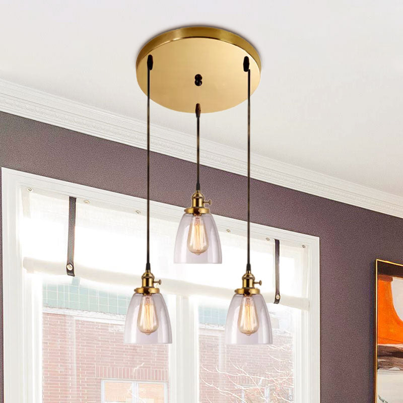 3-Light Multi Pendant Tapered Clear Glass Industrial Dining Room Hanging Light Fixture in Aged Brass Clearhalo 'Ceiling Lights' 'Glass shade' 'Glass' 'Industrial Pendants' 'Industrial' 'Middle Century Pendants' 'Pendant Lights' 'Pendants' 'Tiffany' Lighting' 968878
