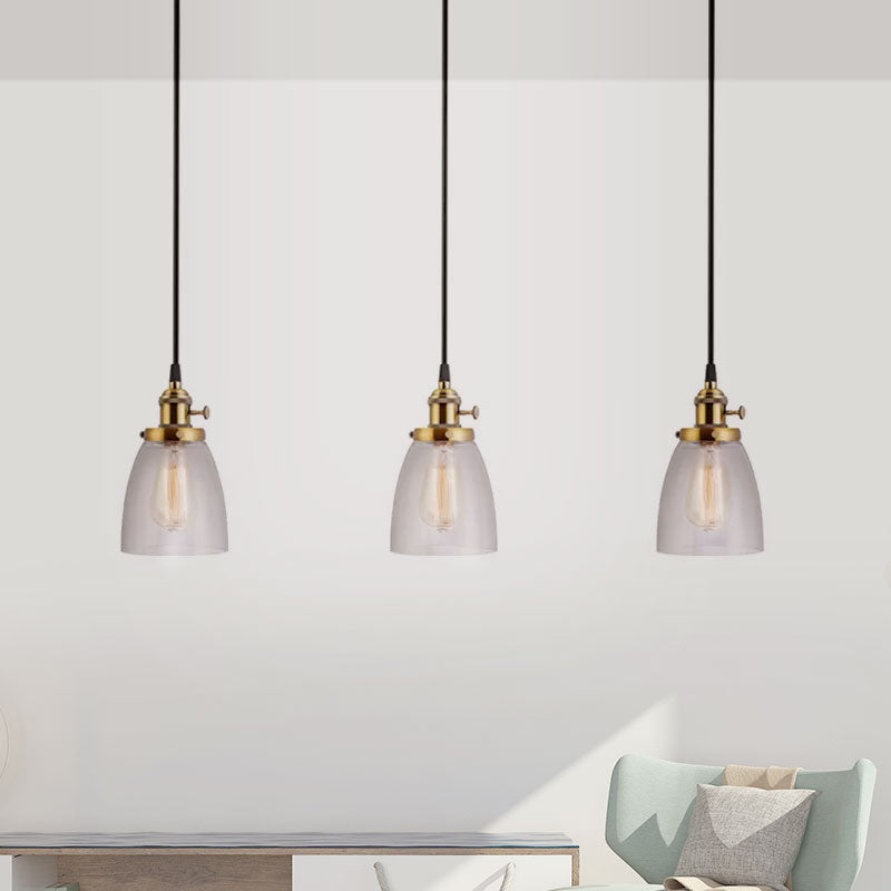 3-Light Multi Pendant Tapered Clear Glass Industrial Dining Room Hanging Light Fixture in Aged Brass Clearhalo 'Ceiling Lights' 'Glass shade' 'Glass' 'Industrial Pendants' 'Industrial' 'Middle Century Pendants' 'Pendant Lights' 'Pendants' 'Tiffany' Lighting' 968879
