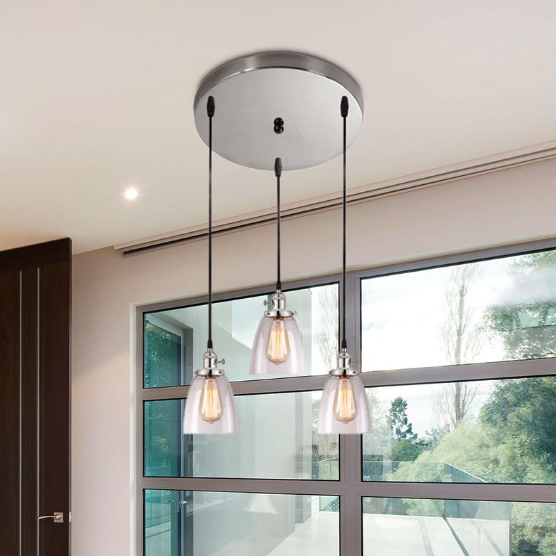 3 Lights Multiple Hanging Light Industrial Conical Clear Glass Pendant Lighting in Chrome Clearhalo 'Ceiling Lights' 'Glass shade' 'Glass' 'Industrial Pendants' 'Industrial' 'Middle Century Pendants' 'Pendant Lights' 'Pendants' 'Tiffany' Lighting' 968881