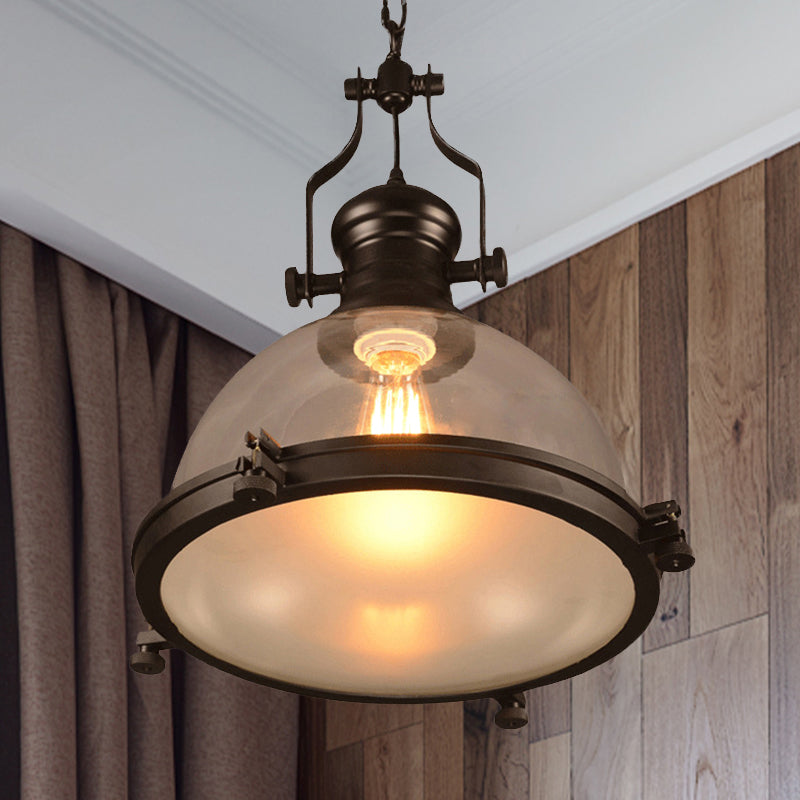 1-Light Dome Shade Pendant Lighting Fixture Industrial Black Clear Glass Hanging Ceiling Light with Trim Ring Clearhalo 'Ceiling Lights' 'Glass shade' 'Glass' 'Industrial Pendants' 'Industrial' 'Middle Century Pendants' 'Pendant Lights' 'Pendants' 'Tiffany' Lighting' 968885