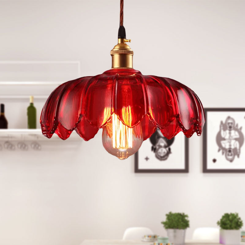 Scalloped Pendant Lamp Industrial 1 Light Red Glass Hanging Ceiling Light for Living Room, 8"/10"/12" Wide Clearhalo 'Ceiling Lights' 'Glass shade' 'Glass' 'Industrial Pendants' 'Industrial' 'Middle Century Pendants' 'Pendant Lights' 'Pendants' 'Tiffany' Lighting' 968888