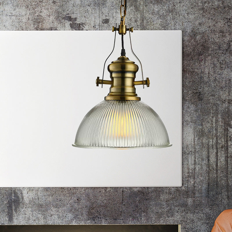 12"/15" Wide Dome Pendant Light Industrial 1 Light Ribbed Glass Hanging Lamp in Brass for Dining Room Clearhalo 'Ceiling Lights' 'Glass shade' 'Glass' 'Industrial Pendants' 'Industrial' 'Middle Century Pendants' 'Pendant Lights' 'Pendants' 'Tiffany' Lighting' 968889